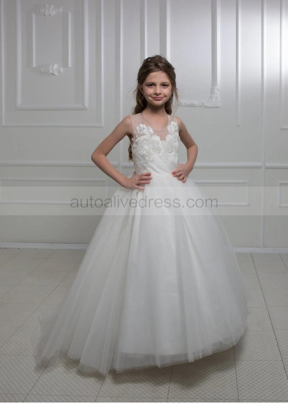 Ivory Lace Tulle Sheer Back Flower Girl Dress